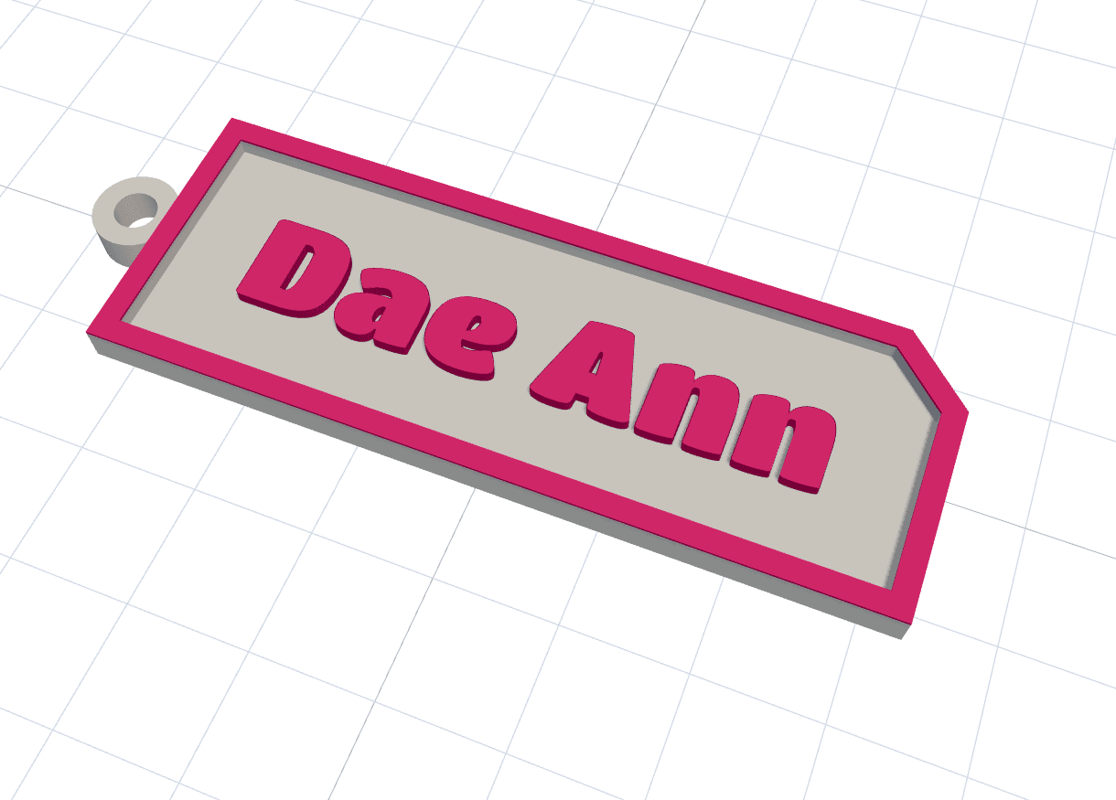 3D preview of an event giveaway keychain tag with custom text and geometric base shape