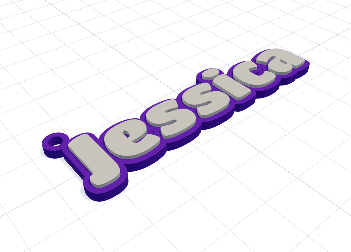 3D preview of a custom name keychain with outlined letters and an attached keyring loop